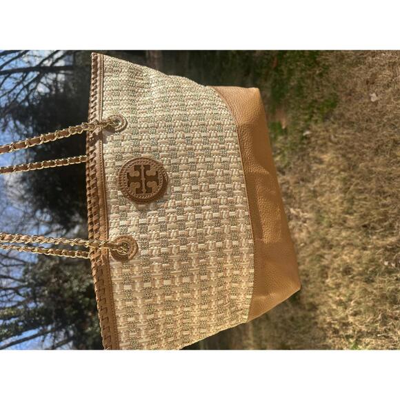 Tory Burch Woven Straw Tote Chain Shoulder Bag 2014 Retail $495 - Picture 6 of 10